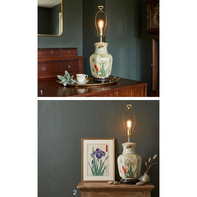 Elegant Vintage Asian-Style Ceramic Table Lamp Featuring Hand-Painted Floral Iris and Butterfly Motifs with Gold Gilt...