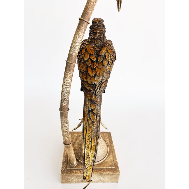 Late 20th Century Palm Beach Chic Brass Macaw Parrot Tole Palm Tree Lamp For Sale In Miami - Image 6 of 11