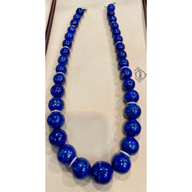 Certified Vintage Lapis Lazuli Single Strand Diamond Necklace 14 Kt White Gold For Sale - Image 9 of 18