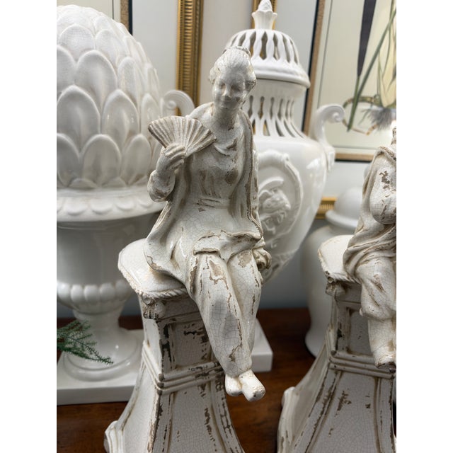 Chinoiserie Chelsea House Blanc De Chine Off White Asian Chinoiserie Tall Seated Figures, Man and Woman, a Pair 18” For Sale - Image 3 of 6