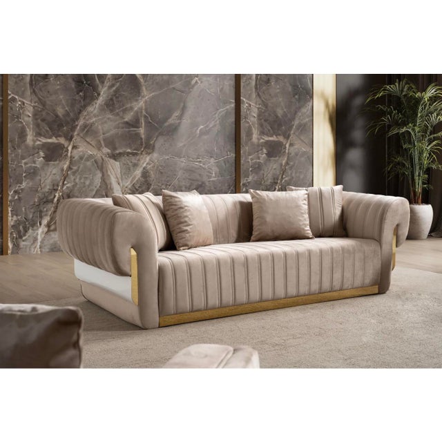 New Luna 3–Piece Channel Tufted Gold Accent Luxury Sofa Set - Sofa , Loveseat & Chair For Sale - Image 4 of 18