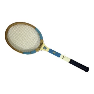 Vintage Blue and White Wooden Tennis Racket for Designer Decorating Wood Racquet For Sale