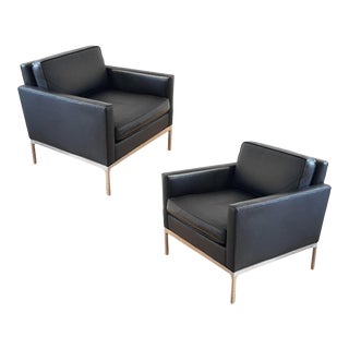 1970s Nicos Zographos Limited Leather & Stainless Steel Club Chairs - A Pair For Sale