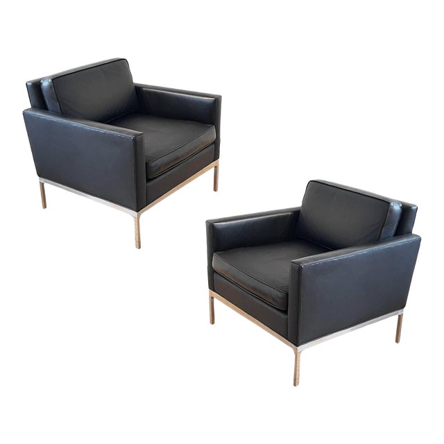 1970s Nicos Zographos Limited Leather & Stainless Steel Club Chairs - A Pair For Sale