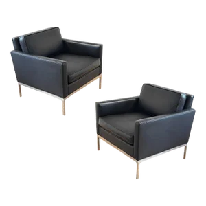 1970s Nicos Zographos Limited Leather & Stainless Steel Club Chairs - A Pair
