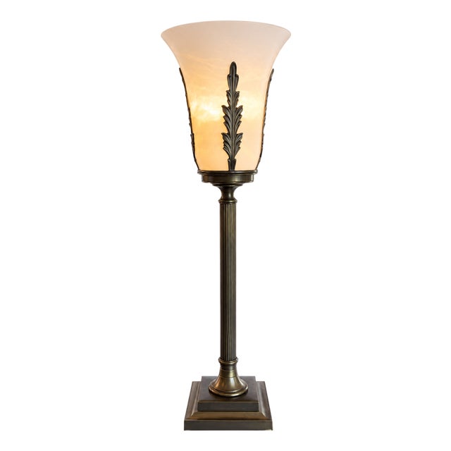 Vintage Alabaster Urn Table Lamp With Brass Leaf Accent For Sale