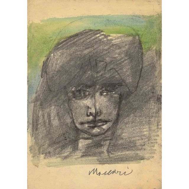 Portrait is an original Charcoal and Watercolour realized by Mino Maccari in mid-20th century. Good condition on a cream...