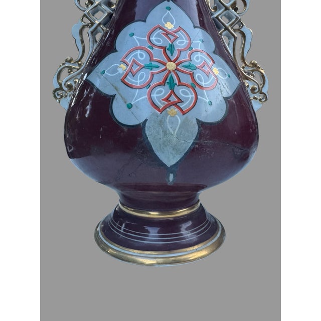 Late 19th Century Pair Antique 19” Hand Painted Gilt Decorated Old Pair Porcelain Portrait Handled Vases For Sale - Image 5 of 11