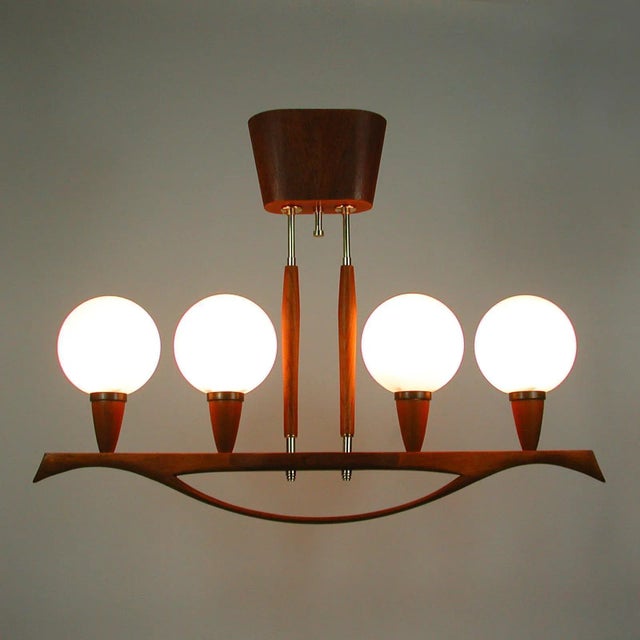 Mid-Century Swedish Modern Teak and Satin Glass Chandelier, 1960s For Sale - Image 5 of 18