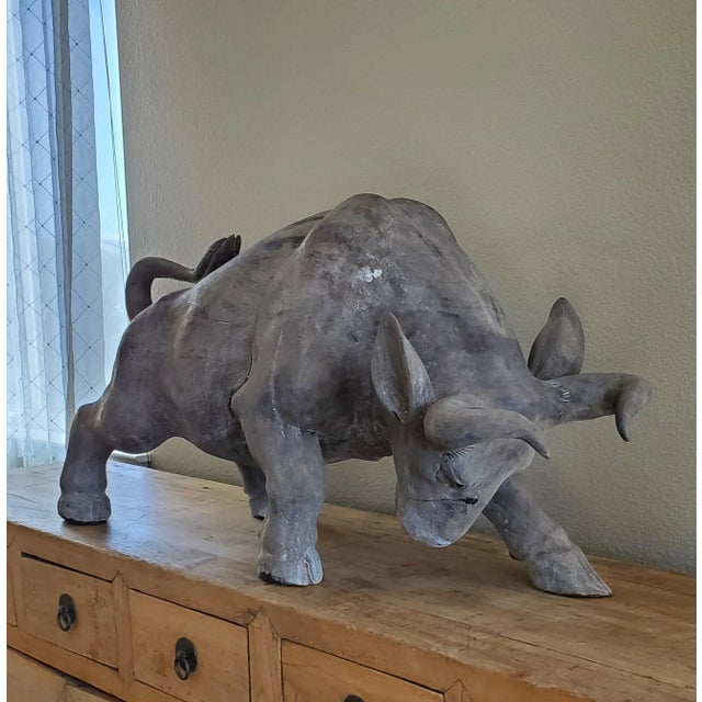 Modern Vintage Carved Teak Bull Sculpture For Sale - Image 3 of 13