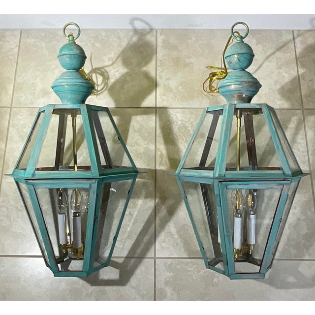 American Exquisite Pair of Vintage Solid Copper & Brass Verdigris Lanterns For Sale - Image 3 of 14