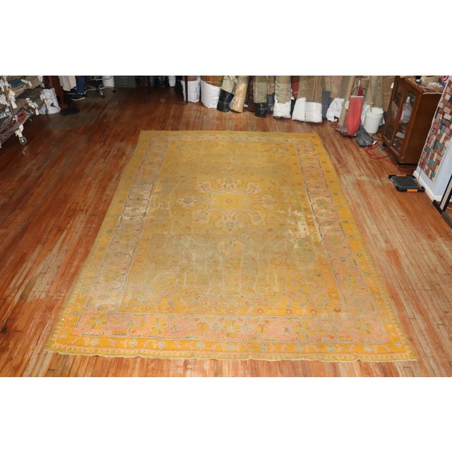 Textile 19th Century Distressed Colorful Antique Zabihi Collection Turkish Oushak Rug For Sale - Image 7 of 12