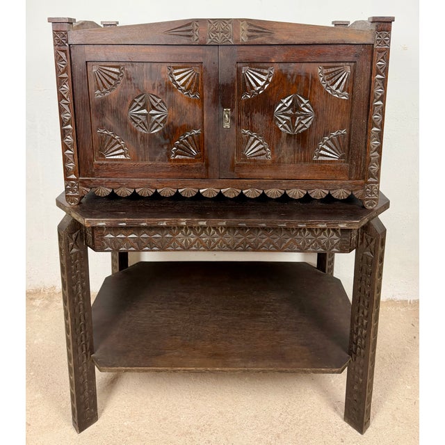 Spanish Carved Oak Bargueño on Stand, 1930 For Sale - Image 9 of 12