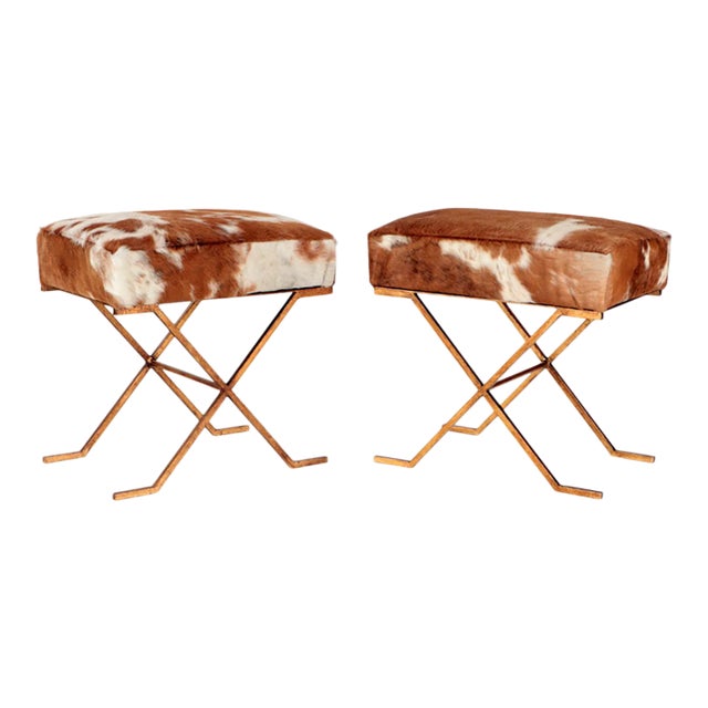 Gilt-Iron Cowhide X-Frame Benches in the Jean Michel-Frank Manner - a Pair For Sale