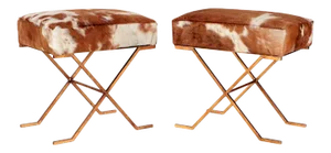 Gilt-Iron Cowhide X-Frame Benches in the Jean Michel-Frank Manner - a Pair