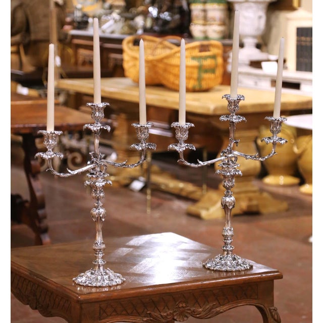 Pair of French Rococo Style Silver Plated Three-Light Candelabras For Sale - Image 4 of 13