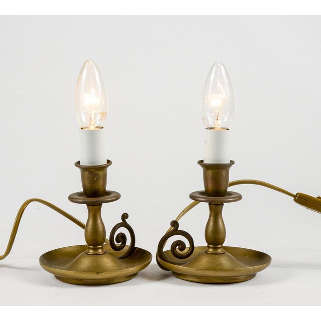 1950s Small Brass Table Lamps with Functioning Electric Candle Holders, Set of 2 For Sale - Image 5 of 9