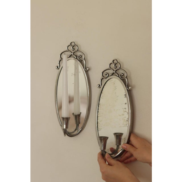 Mid-Century Swedish Pewter Sconces with Mirror by Svenskt - Tenn, Set of 2 For Sale - Image 5 of 13