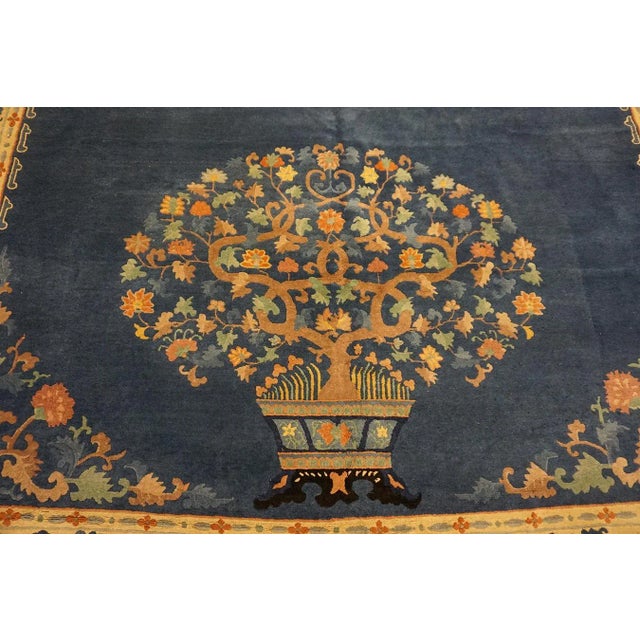 Textile 1930s Royal Blue Vase Tree Antique Chinese Peking Carpet 9'4'' X 11'9'' Knotted Wool Rug For Sale - Image 7 of 13