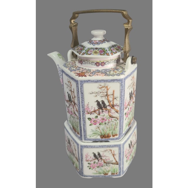 Japanese Vintage Japanese Hand Painted Floral, Birds Teapot Brass Handle on Warmer Stand For Sale - Image 3 of 11