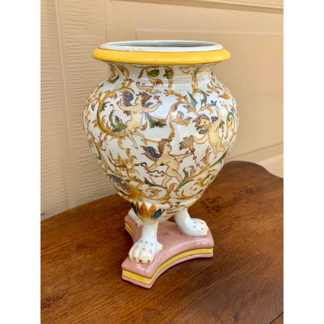 Ceramic Neoclassical Painted Faience Putti Vase on Paw Feet For Sale - Image 7 of 13