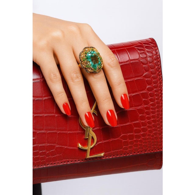 Bochic “Orient” Vintage Diamond, Green Amethyst & Pink Tourmaline Ring Set 18 K Gold & Silver Natural Green Amethyst 12.00...