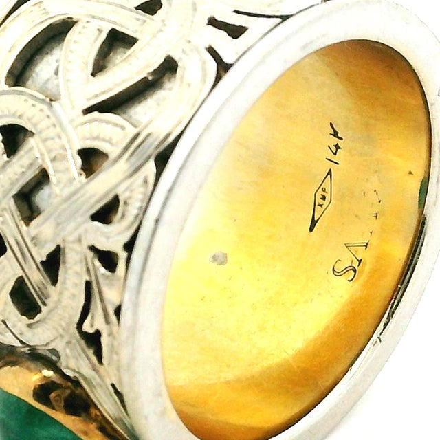 Vintage Samuel Aaron 14k White Gold Cabochon Emerald Wide Band Ring, Size 9.75 For Sale - Image 12 of 12