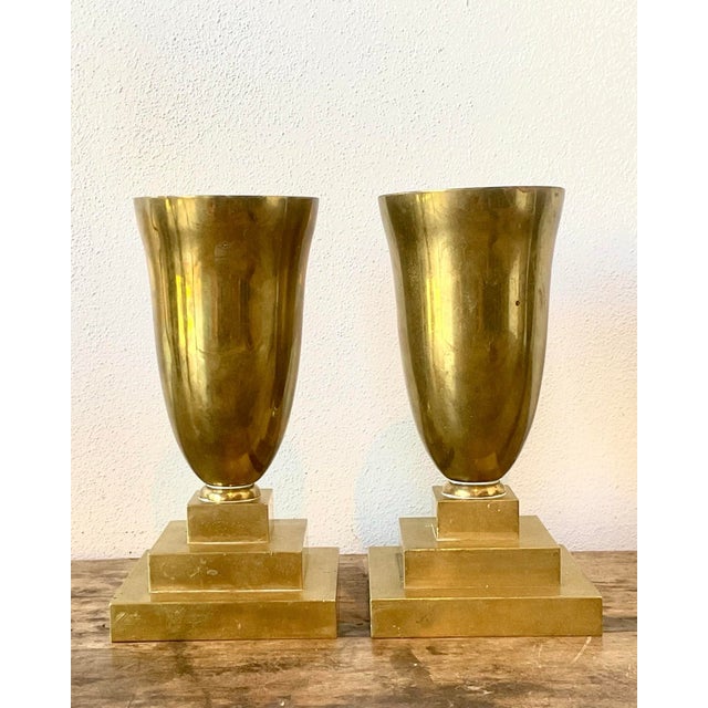 Vintage Brass Pedestal Urns - A Pair For Sale - Image 10 of 12