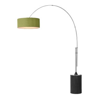 1980s Tambo 92"h 1-Light Arc Lamp, Avocado Linen Shade, Black Oak Base, Satin Nickel, Dimmable, for Living Room or Bedroom For Sale