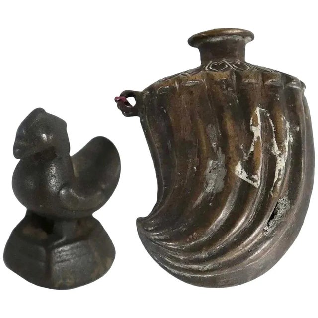 19th Century Burmese Patinated Bronze Bird Form Opium Weight and Indian Flask Bottle-Set of 2 For Sale In Denver - Image 6 of 6
