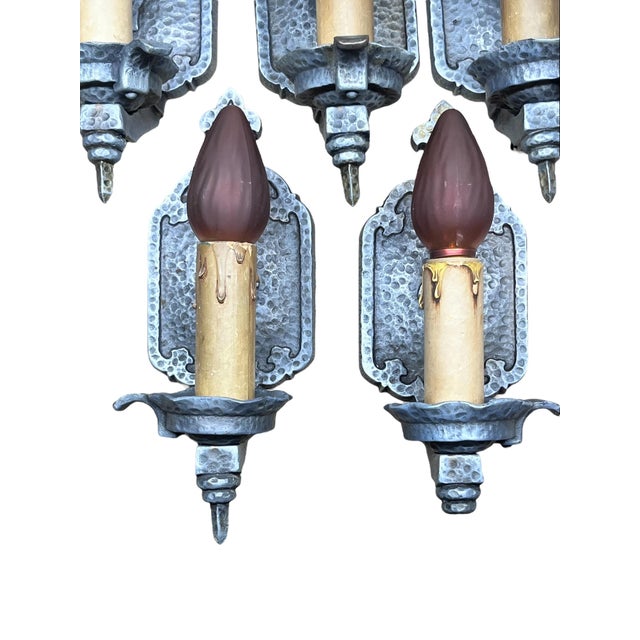 1910s Bare Bulb 4 + 1 Hammered Wall Sconces Storybook or Spanish Revival Mission Style #2598 For Sale - Image 4 of 14