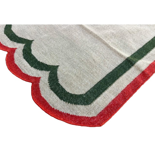 Not Yet Made - Made To Order Handmade Woolen Scalloped Edge Rug, Beige With Green and Coral Red Border - 12'x15' For Sale - Image 5 of 11
