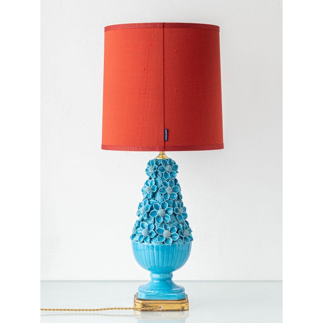 Hand-Carved Turquoise Floral Ceramic Table Lamp with Silk Lampshade from Manises, Spain, 1960s For Sale - Image 6 of 16