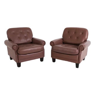 Pair Tufted Leather Lounge Chairs Pair Mid Century EuroVintage For Sale