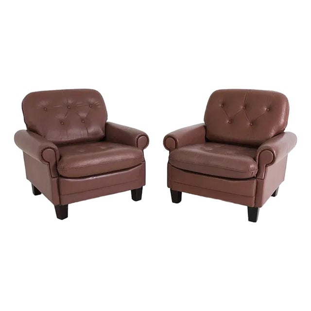 Pair Tufted Leather Lounge Chairs Pair Mid Century EuroVintage For Sale