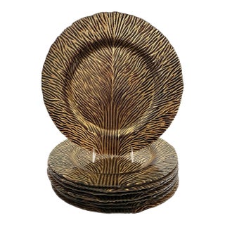 Contemporary Turkish Art Glass Tree of Life Service Plates Bronze Gold Painted 13" - Set of 8 For Sale