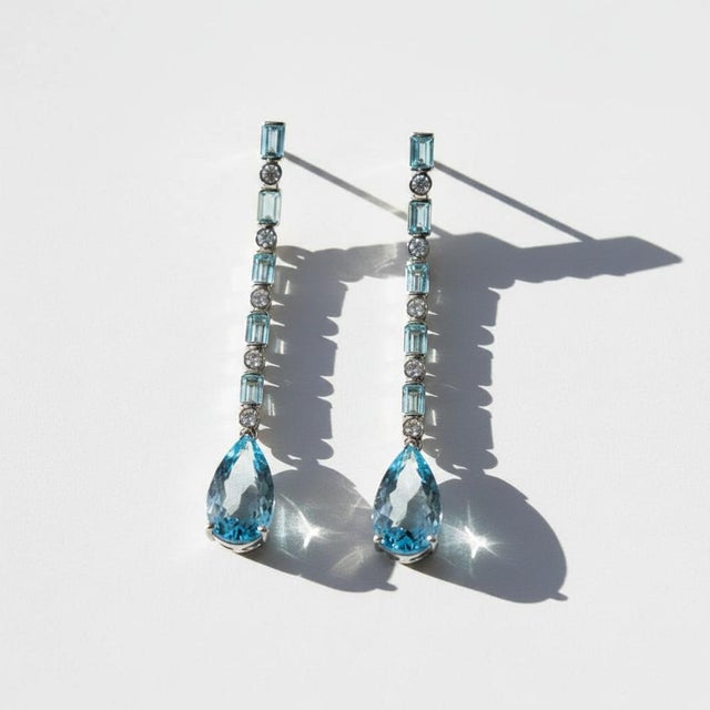 Topaz Long Drop Earrings, Silver, Gold, Pair For Sale - Image 4 of 7