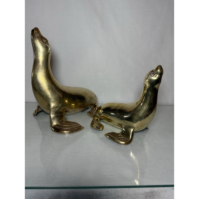 Chic Vintage Mid-Century Brass Sea Lions Pair - Elegant Metal Art for Home Decor For Sale - Image 9 of 10
