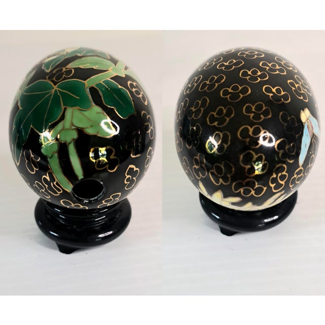Vintage Chinese Cloisonné Enamel Floral Eggs W/Black Stands Set of 4 For Sale - Image 11 of 14