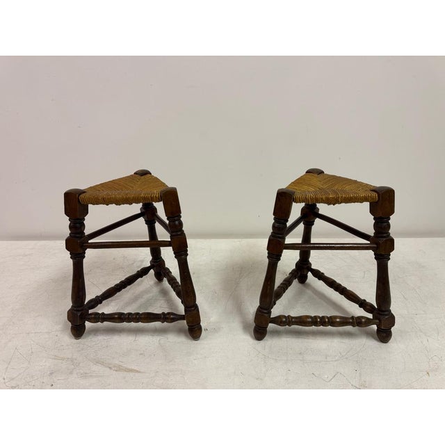 Brown Oak and Rush Stools, 1970s, Set of 2 For Sale - Image 8 of 12