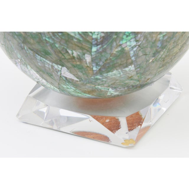 Light Green Vintage Mother of Pearl Over Wood Sphere Orb Sculpture on Lucite Base, 1970's For Sale - Image 8 of 10