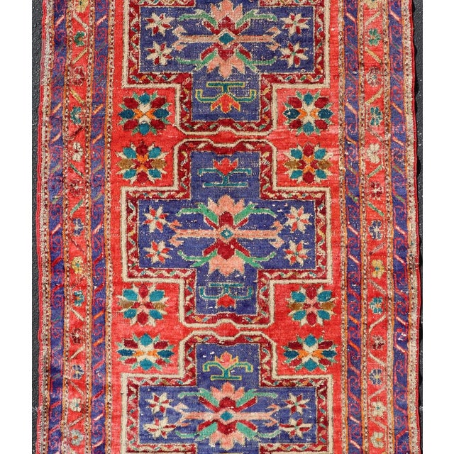 Tribal Vintage Caucasian Kazak Rug With Cross Medallions in Red and Blue 4'8 X 8'2 For Sale - Image 3 of 15