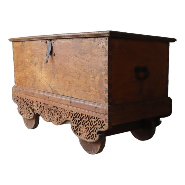 Massive 5ft Antique Carved Teak Wheeled Dowry Chest For Sale