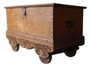 Massive 5ft Antique Carved Teak Wheeled Dowry Chest
