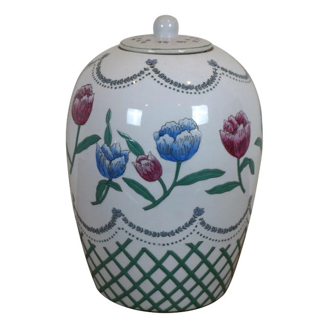 Vintage Chinese Porcelain Famille Verte Lidded Ginger Jar Floral Vase For Sale