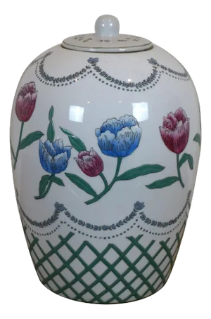 Vintage Chinese Porcelain Famille Verte Lidded Ginger Jar Floral Vase