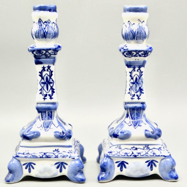 Contemporary Vintage Delft Style Floral Candlesticks, a Pair For Sale - Image 3 of 7