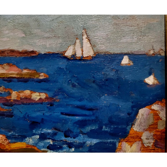 1920s Arthur Bowen Davies- 1920s Maine Shoreline With Sailing Ship -Oil Painting For Sale - Image 5 of 10