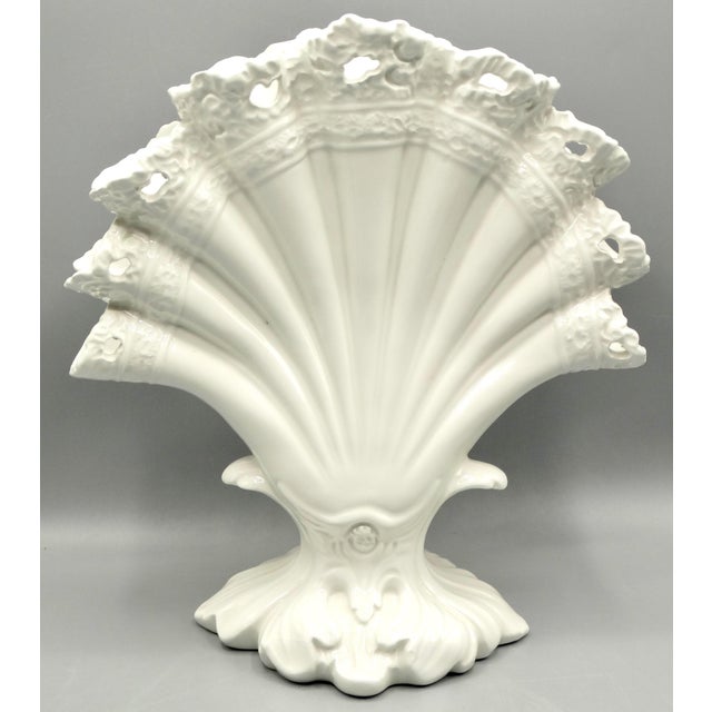 Mid Century Italian blanc de chine vase.. It is handcrafted with a lovely decorative band and fluted, ruffled pierced edge...