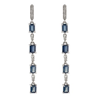 Contemporary 14k Gold Linear 1.78Ct Sapphire Drop Earrings With Diamonds- 2 Pieces For Sale